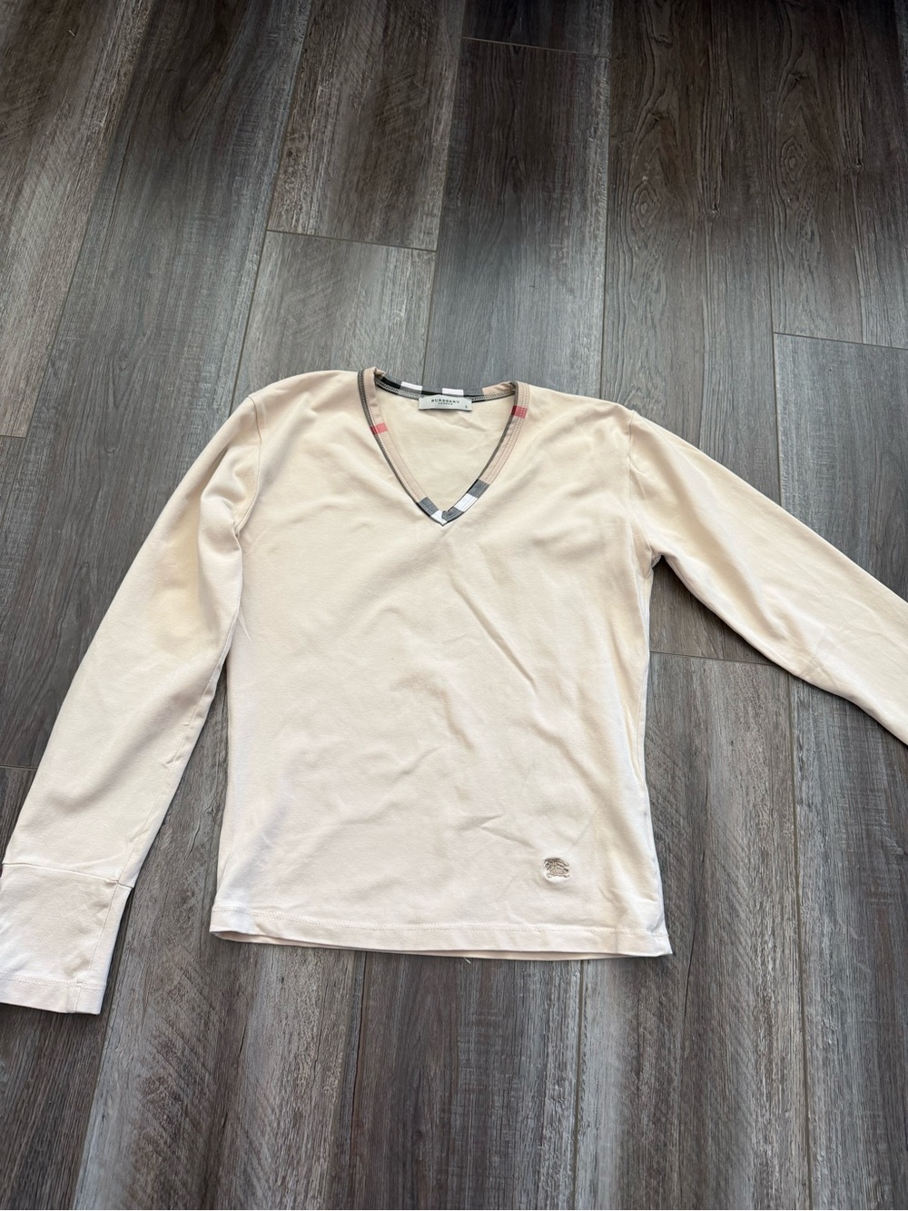 Burberry Cream V-Neck Long Sleeve Top with Check Trim